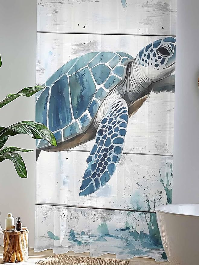 Sheer Curtains 108 Inches Long, Teal Green Sea Turtle Semi Sheer Curtains Light Filtering Window Treatment, Summer Ocean Vintage Wood Grain Privacy Voile Drapes for Living Room Bedroom 52x108 Inch