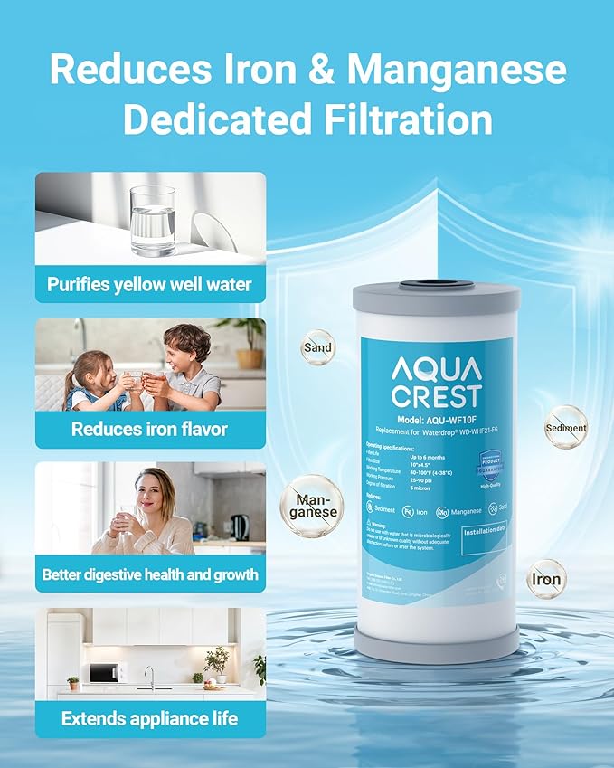 AQUA CREST 10"x 4.5" Whole House Carbon Water Filter, Iron & Manganese Reducing Cartridge for Well Water, Replacement for GE GXWH40L, FXHTC, Ispring, Culligan® RFC-BBSA, Whirlpool®, 5 Micron