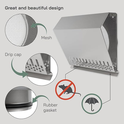 Vent Systems 8" Inch Air Supply Vent Cover with Rubber Gasket - Stainless Steel - Robust Weatherproof Outdoor Air Intake Box - Duct or Surface Mounting - Rain and Snow Protection