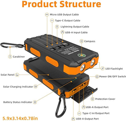 YELOMIN Solar Charger, 20000mAh Portable Type-C Solar Power Bank with 4 Cables, Waterproof Battery Pack, Outdoor External Backup Power Charger Six Outputs/LED Flashlights, Perfect for Camping Travel