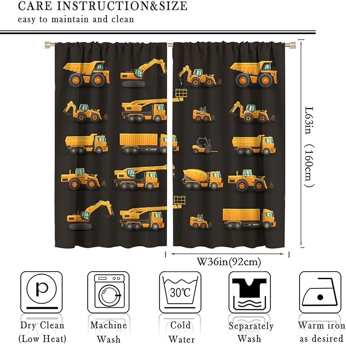 Kids Construction Window Curtains, Construction Machinery Equipment Mode of Transport Bulldozer Tractor Windows Curtain for Children Teens Room Decor 72x63in (30% Blackout)
