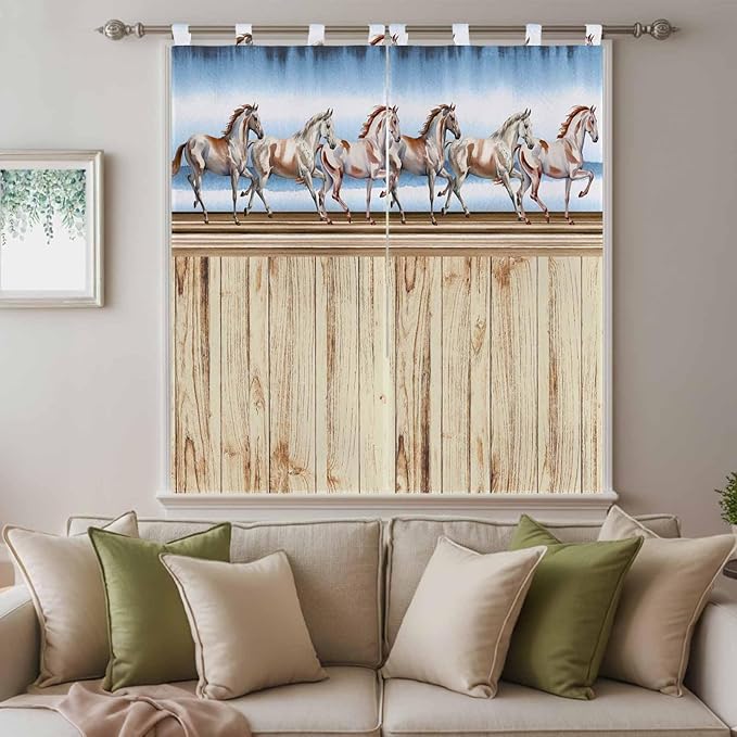 Western Horse Bathroom Curtains 63 Inch Length, Window Curtains Tab Top, Farmhouse Wooden Grain Vintage Cowboy Barn Door Light Filtering Window Treatments Drapes 52"x63" 2 Panel