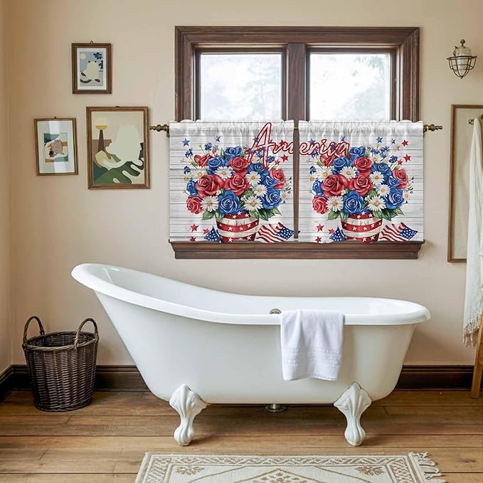 Independence Day Kitchen Tier Curtains 24 Inch Long 2 Panel Set,Rod Pocket Cafe Small Window Curtains Over Sink,4 of July Rose Wooden Grain Vintage Light Filtering Short Drapes 27.5"W x 24"L