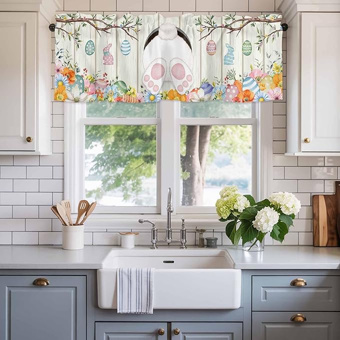 Easter Curtain Valances for Windows, Kitchen Valance Window Treatment, Spring Farmhouse Watercolor Bunny Eggs Wood Grain Light Filtering Block Curtains for Bathroom/Bedroom/Living Room 42'' x 12''