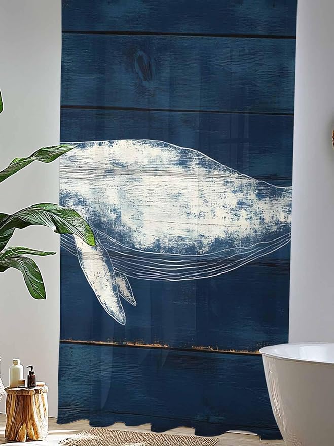 Sheer Curtains 84 Inches Long, Summer Whale Semi Sheer Curtains Light Filtering Window Treatment, Ocean Watercolor Wooden Grain Blue Privacy Voile Drapes for Living Room Bedroom 52x84 Inch