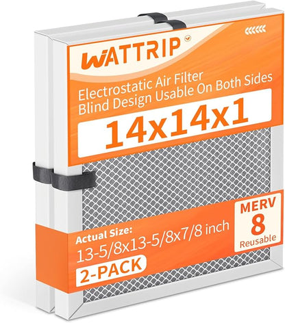 2-Pack 14x14x1 MERV 8 Reusable & Washable Electrostatic Air Filters - Long-Lasting Filter for HVAC, Furnace & Air Conditioner Units, Actual Size: 13-5/8” x 13-5/8” x 7/8”