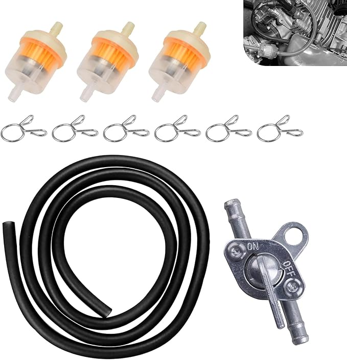 Car Fuel Filter Kit, 39.3" Hose and 3 Filter and Petcock Valve with Mounting Clamps, Plug and Play Fuel System Maintenance Set, Universal Modification for ATV Motorcycle Beach Bike (Black)