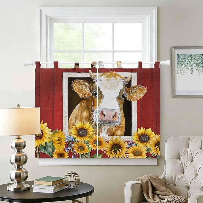 Cows Sunflowers Bedroom Curtains 63 Inch Length, Window Curtains Tab Top, Spring Floral Bees Farmhouse Barn Light Filtering Window Treatments Drapes 42"x63" 2 Panel