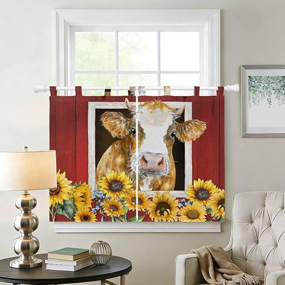 Cows Sunflowers Kitchen Curtains 45 Inch Length, Short Cafe Window Curtains Tab Top, Spring Floral Bees Farmhouse Barn Light Filtering Window Treatments Tier Drapes 27.5"x45" 2 Panel