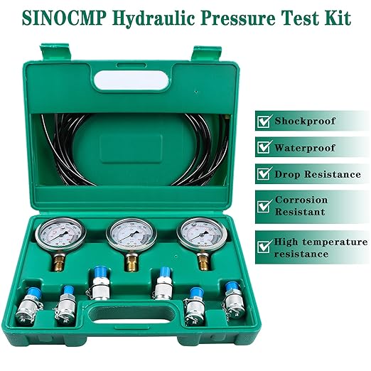 SINOCMP Hydraulic Pressure Test Kit, 3 Pressure Gauges 25Mpa/40Mpa/60Mpa 6 Test Couplings 3 Test Hoses 1 Storage Case Diagnosis Tester Gauge Set for Excavator Construction Machinery Upgraded Version