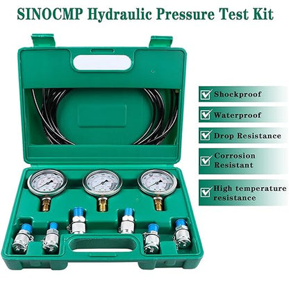 SINOCMP Hydraulic Pressure Test Kit, 3 Pressure Gauges 25Mpa/40Mpa/60Mpa 6 Test Couplings 3 Test Hoses 1 Storage Case Diagnosis Tester Gauge Set for Excavator Construction Machinery Upgraded Version