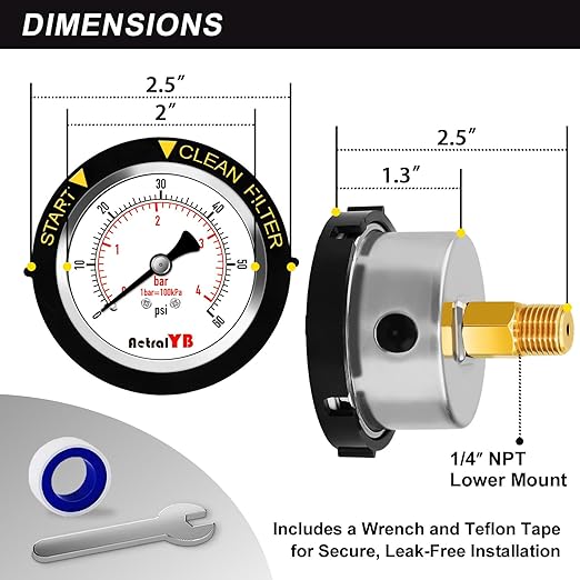 60PSI Pool Filter Pressure Gauge, 2 inches Dial, 1/4" NPT Back Mount, 304Stainless Steel Case, IP67 Waterproof, Clean Filter Indicator, for Swimming Water Pump Spa Aquarium Pressure Test