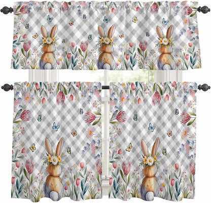 Kitchen Curtains Tiers and Valance Set of 3, Easter Light Filtering Window Curtain Set, Spring Rabbit Butterfly Botanical Florals Grey Plaid Rod Pocket Curtain Drapes for Living Room, 36 Inches Tiers
