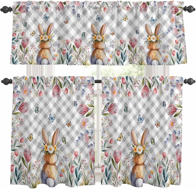 Kitchen Curtains Tiers and Valance Set of 3, Easter Light Filtering Window Curtain Set, Spring Rabbit Butterfly Botanical Florals Grey Plaid Rod Pocket Curtain Drapes for Living Room, 24 Inches Tiers