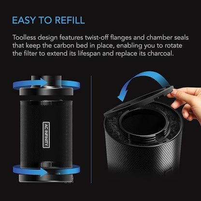 AC Infinity Refillable Carbon Filter Kit 4” with Additional Refill, Odor Removal Air Scrubber For 4" Inline Fan and Ducting, Reusable Charcoal Filter for Grow Tent Grow Room Hydroponics