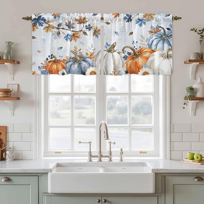 Fall Blue Maple Kitchen Tier Curtains 36 Inch Long 2 Panel Set,Rod Pocket Half Window Curtains Over Sink,Thanksgiving Pumpkins Daisy Country Leaves Short Drapes for Bathroom Cafe 27.5"W x 36"L