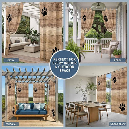 Wood Grain Outdoor Curtains for Patio Claws Animals Wooden Brown Waterproof Outside Curtains with Grommet Top Weatherproof Curtain for Cabana Pergola Gazebo, 1 Panel, 54" W x 108" L