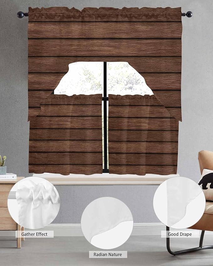 Brown Wooden Board Swag Kitchen Curtains Valance and Tier Set, Vintage Wood Grain Farmhouse Barn Themes Light-Filtering Swag Valance 36 Inch Length, Rod Pocket Short Curtain for Bedroom Cafe