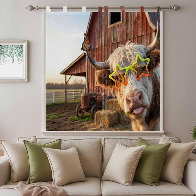 Farm Yaks Bathroom Curtains 63 Inch Length, Window Curtains Tab Top, Farmhouse Barn Funny Animals Butterfly Light Filtering Window Treatments Drapes 52"x63" 2 Panel