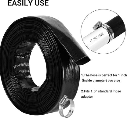 1-1/2" x 50 FT Pool Backwash Hose, Black Heavy Duty Reinforced PVC Lay Flat Water Discharge Hose for Swimming Pool Filter Pump,with 2 Clamp