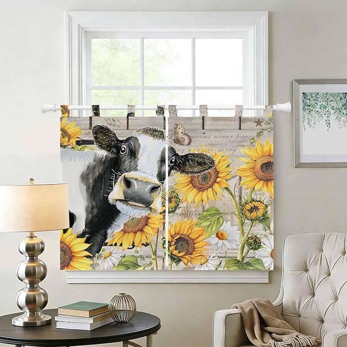 Yellow Sunflowers Bedroom Curtains 63 Inch Length, Window Curtains Tab Top, Farmhouse Cow Barn Doors Floral Butterfly Light Filtering Window Treatments Drapes 42"x63" 2 Panel