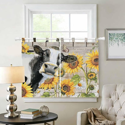 Yellow Sunflowers Bedroom Curtains 63 Inch Length, Window Curtains Tab Top, Farmhouse Cow Barn Doors Floral Butterfly Light Filtering Window Treatments Drapes 42"x63" 2 Panel