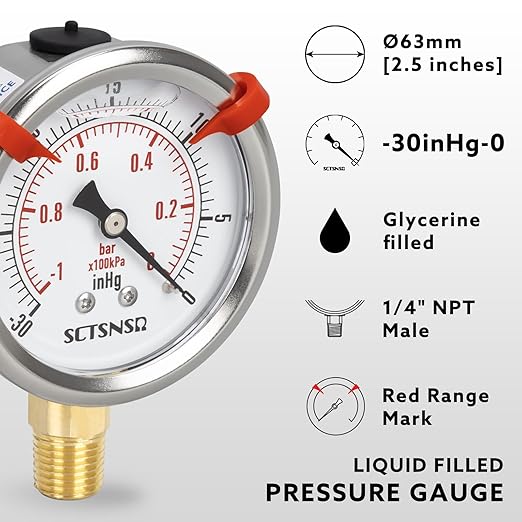 -30 inHg to 0 Vacuum Pressure Gauge, Glycerin Liquid Filled, 2.5 inch Dial, 1/4" NPT Lower Mount, Stainless Steel Case, for Air Conditioning Line, Tank, Air Pump, HVAC, Pipe, Pressure Test