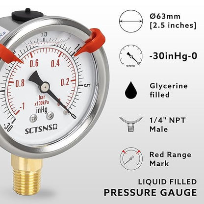 -30 inHg to 0 Vacuum Pressure Gauge, Glycerin Liquid Filled, 2.5 inch Dial, 1/4" NPT Lower Mount, Stainless Steel Case, for Air Conditioning Line, Tank, Air Pump, HVAC, Pipe, Pressure Test