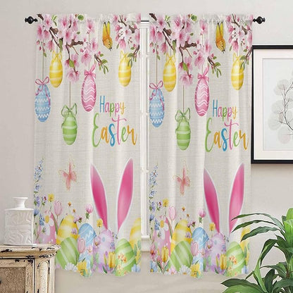 Happy Easter Living Room Curtains 72 Inches length, Spring Farmhouse Bunny Eggs Flower Beige Window Treatment Curtain Drapes, Light Filtering Drapes for Bedroom Laundry Room, 52"x72", 2 Panels