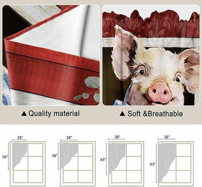 Pig Sunflowers Swag Valances for Windows, Eucalyptus Leaves Floral Bees Red Barn Rod Pocket Kitchen Curtains Valance, Kitchen Window Curtains Swag for Cafe Bathroom Living Room, 2 Panels, 36x63 inch