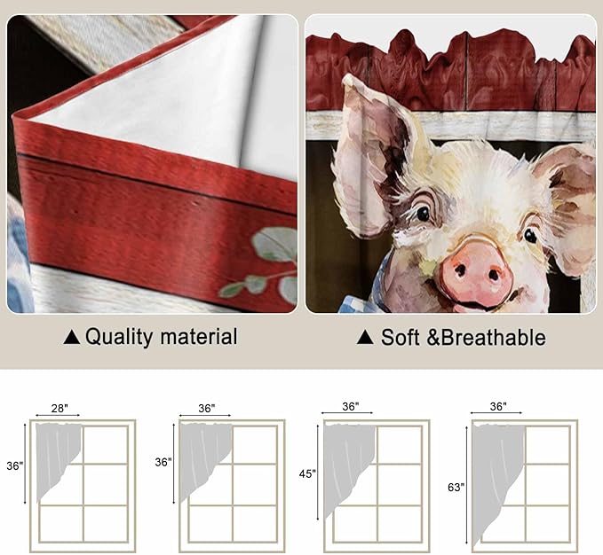 Pig Sunflowers Swag Valances for Windows, Eucalyptus Leaves Floral Bees Red Barn Rod Pocket Kitchen Curtains Valance, Small Window Curtains Swag for Cafe Bathroom Living Room, 2 Panels, 36x36 inch