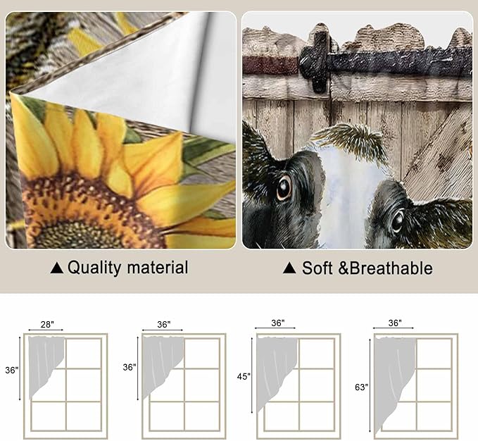 Retro Farmhouse Flower Swag Valances for Windows, Yellow Sunflowers Cow Barn Doors Brown Rod Pocket Kitchen Curtains Valance, Kitchen Window Curtains Swag for Cafe Living Room, 2 Panels, 36x63 inch