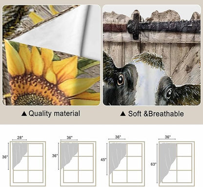 Retro Farmhouse Flower Swag Valances for Windows, Yellow Sunflowers Cow Barn Doors Brown Rod Pocket Kitchen Curtains Valance, Kitchen Window Curtains Swag for Cafe Living Room, 2 Panels, 36x45 inch