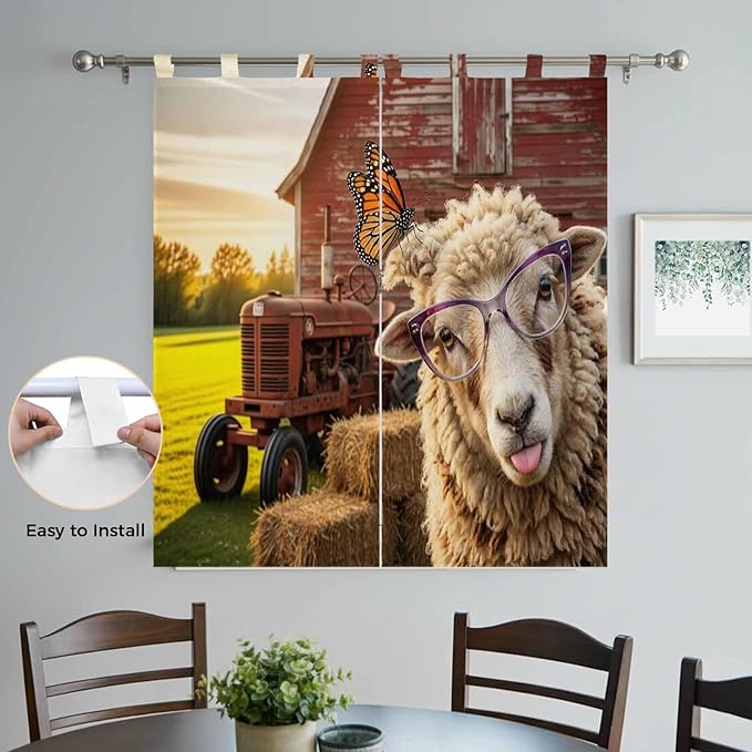 Farm Sheep Bathroom Curtains 63 Inch Length, Window Curtains Tab Top, Farmhouse Barn Funny Animals Butterfly Light Filtering Window Treatments Drapes 52"x63" 2 Panel