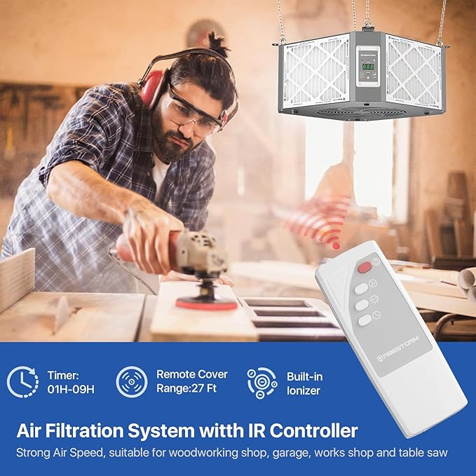 Abestorm 360 Degree Intake Air Filtration System for Woodworking, Built-in Ionizer, 1350CFM Hanging Air Filter, Shop Dust Collector, Garage WorkShop, MERV-11 filter, DecDust 1350IG