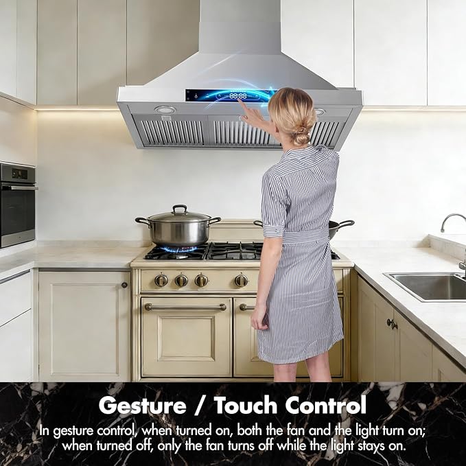 36 inch Wall Mount Range Hood Convertible Vent with Permanent Baffle Filters 800CFM Stainless Steel for Kitchen Gesture Sensing & Touch Control, 4 Speed Exhaust Fan, ETL listed (36 inch)