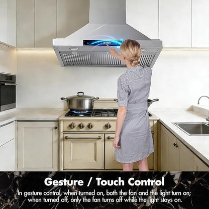 36 inch Wall Mount Range Hood Convertible Vent with Permanent Baffle Filters 800CFM Stainless Steel for Kitchen Gesture Sensing & Touch Control, 4 Speed Exhaust Fan, ETL listed (36 inch)