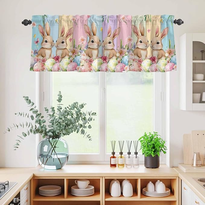 Easter Kitchen Curtains Set 3 Piece for Windows, Rod Pocket Valance and Tier Set 36 Inch Length, Spring Bunny Eggs Botanical Floral Wooden Grain Light Filtering Cafe Curtains for Living Room Bathroom