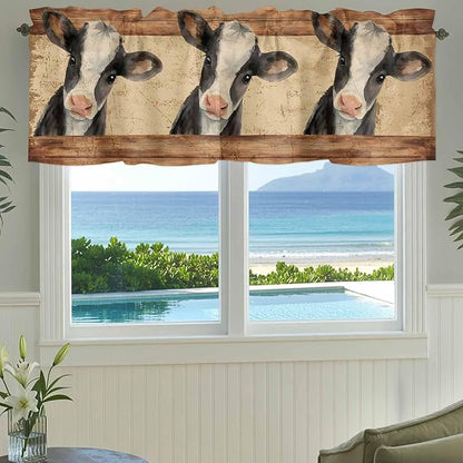 Farmhouse Cow Curtain Valances for Windows, Kitchen Valance Window Treatment, Country Vintage Animals Wooden Grain Light Filtering Block Curtains for Bathroom/Bedroom/Living Room 42'' x 12''