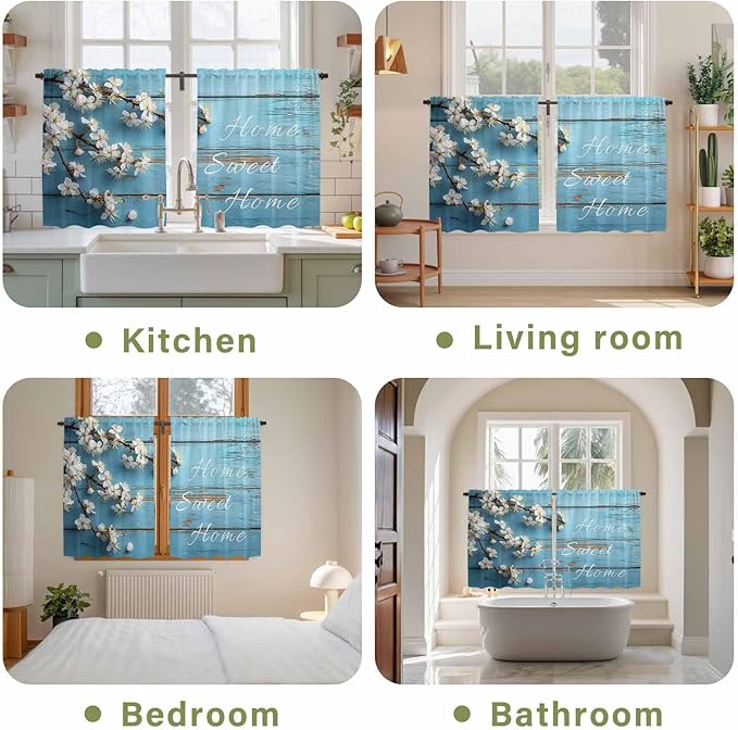 Farmhouse Wooden Grain Kitchen Curtains, Vintage Shabby Chic Flower Blue Light Filtering Window Curtain Panels, 2Pcs Rod Pocket Window Treatments Set for RV Dining Room Study Room 42x45 Inches