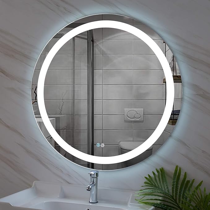 Illuminated Bathroom Mirror 800 x 800 MM Round LED Wall Mounted Vanity Mirror with Touch Sensor and Demister Pad Anti -Fog Makeup Mirror for Home Hotel IP44 Rated