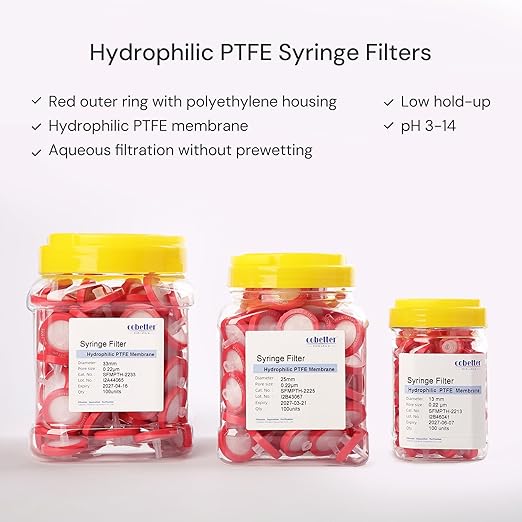 100 Pack Syringe Filter PTFE hydrophilic Lab Filters 0.45μm Pore Size 25mm Diameter Filtration Non-sterile Red