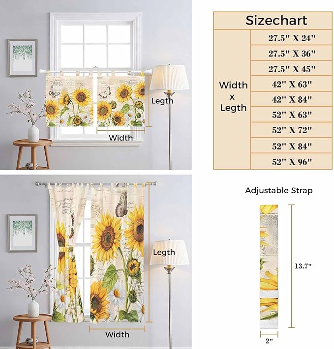 Yellow Sunflowers Living Room Curtains 84 Inch Length, Window Curtains Tab Top, Country Farm Butterfly Flower Light Beige Light Filtering Window Treatments Drapes 42"x84" 2 Panel