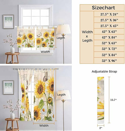 Yellow Sunflowers Living Room Curtains 84 Inch Length, Window Curtains Tab Top, Country Farm Butterfly Flower Light Beige Light Filtering Window Treatments Drapes 52"x84" 2 Panel