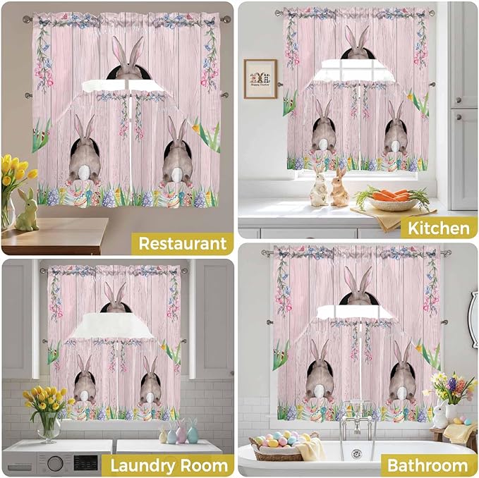 Swag Valance Curtains, Easter Cute Rabbit and Colorful Eggs Rod Pocket Valances Swag Topper for Kitchen Windows, Pink Farm Wooden Barn Light Filtering Short Curtain for Bedroom Bathroom 56x36In