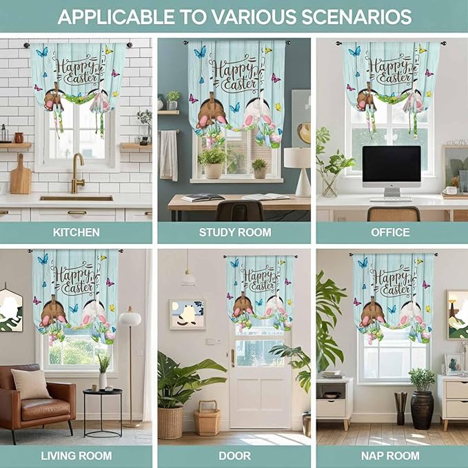 Tie Up Curtains,Happy Easter Bunny Butt Egg Floral Adjustable Rod Pocket Window Shade Curtain Drape Spring Plant on Aqua Wood Tie-Up Valance for Kitchen Bedroom Living Room Windows,42"x54"