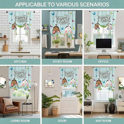 Tie Up Curtains,Happy Easter Bunny Butt Egg Floral Adjustable Rod Pocket Window Shade Curtain Drape Spring Plant on Aqua Wood Tie-Up Valance for Kitchen Bedroom Living Room Windows,34"x45"