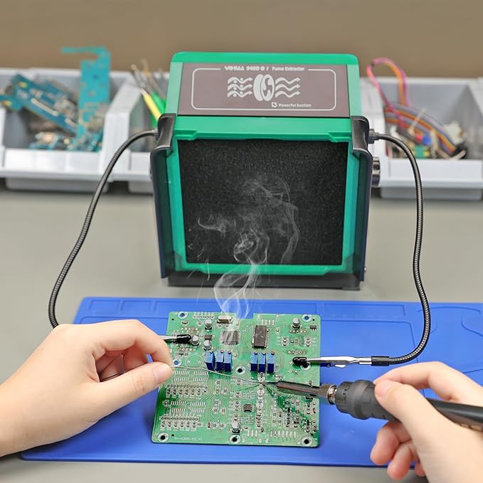 YIHUA 948DQ-I Solder Fume Extractor Fan Solder Smoke Absorber Remover Tiltable Angle with Flexible Helping Hands 8 Extra Fan Filters for Soldering Wood Burning and more