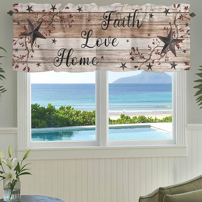 Rustic Star Brown Curtain Valances for Windows, Kitchen Valance Window Treatment, Vintage Plants Berry Wooden Grain Light Filtering Block Curtains for Bathroom/Bedroom/Living Room 42'' x 12''