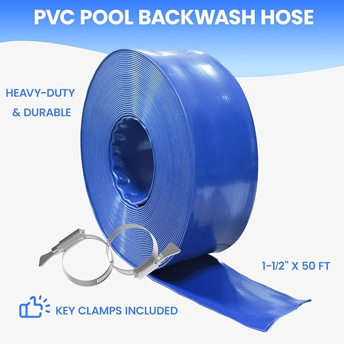Poolvio Backwash Hose 1-1/2" x 50 ft, Blue Lay-Flat PVC Discharge Hose with 2 Stainless Steel Thumb Screw Clamps, Leak-Free for Swimming Pool Filter Cleaning, Flooded Area, Pond Draining